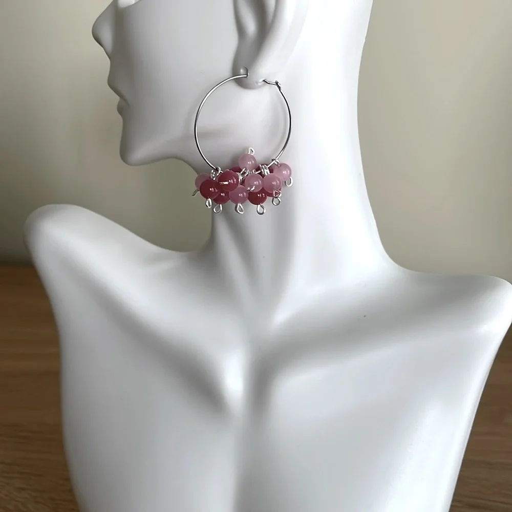 HAND CRAFTED CHA-CHA HOOP EARRINGS Magenta Pink Bonbon Bubble Cluster Wires